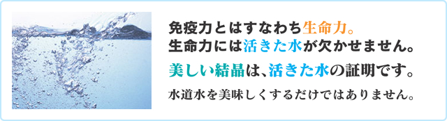 免疫力とはすなわち生命力。生命力には活きた水が欠かせません。美しい結晶は、活きた水の証明です。水道水を美味しくするだけではありません。