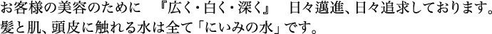 お客様の美容のために『広く・白く・深く』日々邁進、日々追求しております。髪と肌、頭皮に触れる水は全て「にいみの水」です。